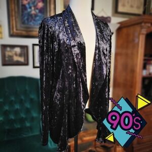 Vintage 90s Bubbles Black Crushed Velvet Open Front Blazer Goth Grunge 3XL USA